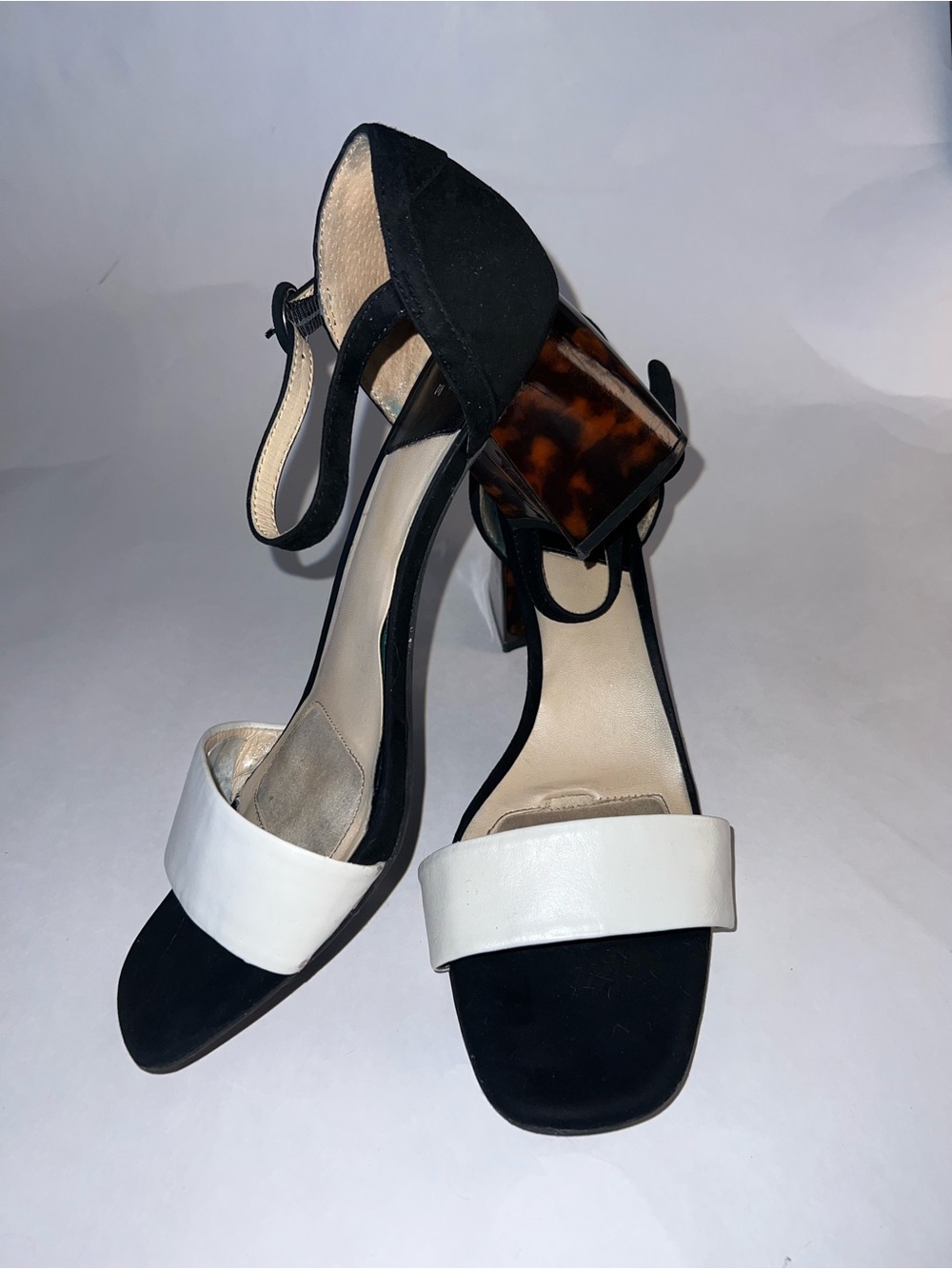 Alex Marie Black and White Block Heel Sandals with Tortoiseshell Accent